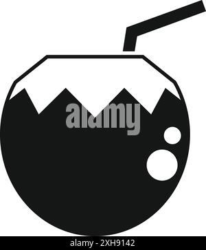Simple black glyph icon representing a coconut cocktail with a straw, evoking summer, vacations and exotic destinations Stock Vector