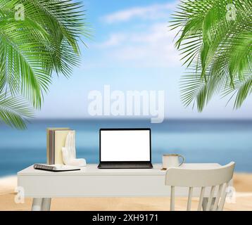 Workplace at beach, distant office. Table with laptop and chair on sandy seashore. Mockup for design Stock Photo
