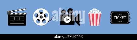 Cinema icon set. Popcorn box package Big movie reel. Open clapper board. Ticket Admit one. Cinema icons vector set. Movie, film, video and more icon. Stock Vector