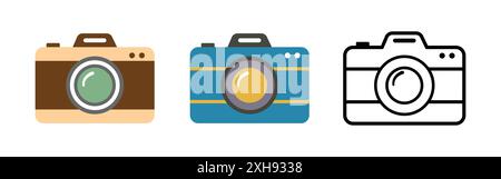 Camera icon set. Photo camera in flat style. Vector illustration. Photo camera of rounded square shape icon in different style. Stock Vector