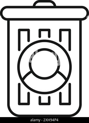 Line art icon of a trash can containing a profile icon symbolizing deleting an account Stock Vector