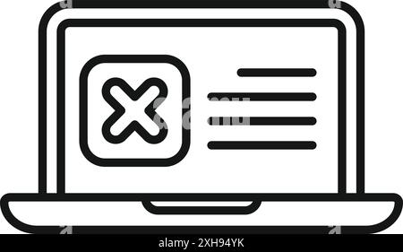 Laptop screen showing an error message, represented by a cross mark icon and lines of text Stock Vector
