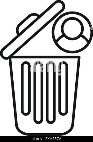 Line art icon of an account being deleted from a trash can, symbolizing data removal Stock Vector