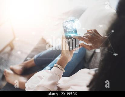 Home, double exposure and woman with screen of phone for encryption, cybersecurity or password. Earth, lines and person with typing pin on tech for Stock Photo