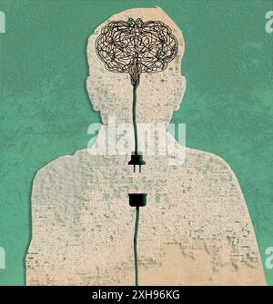 A man with a tangled brain shows the brain is unplugged. Illustrates taking a break from computer or social media or the medical conditions of  stroke Stock Photo