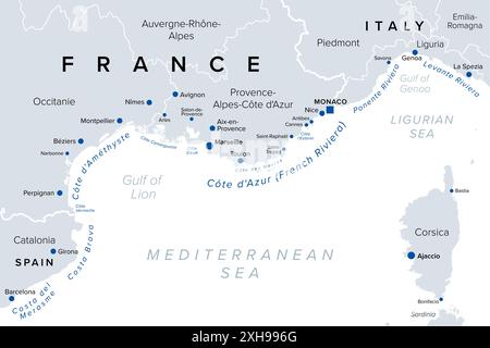 Southern France coasts, political map. Southernmost part of France, bordering the Mediterranean Sea. Map with Corsica and French and Italian Riviera. Stock Photo