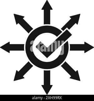 Checkmark expanding in eight directions symbolizing multitasking and efficiency Stock Vector