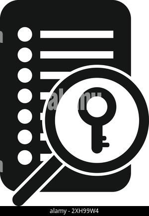 Black and white icon of a magnifying glass hovering over a document, searching for key words Stock Vector