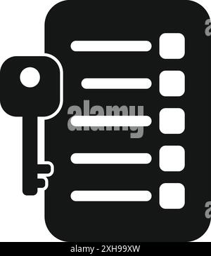 Black and white icon of a key unlocking a padlock on a checklist, representing data security and encryption Stock Vector