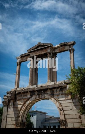 Arch of Hadrian, most commonly known in Greek as Hadrian's Gate, is a monumental gateway resembling a Roman triumphal arch built in 131 AD, Athens, Gr Stock Photo