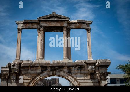 Arch of Hadrian, most commonly known in Greek as Hadrian's Gate, is a monumental gateway resembling a Roman triumphal arch built in 131 AD, Athens, Gr Stock Photo