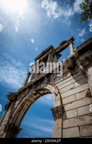 Arch of Hadrian, most commonly known in Greek as Hadrian's Gate, is a monumental gateway resembling a Roman triumphal arch built in 131 AD, Athens, Gr Stock Photo