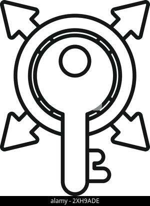 Line art illustration of a key inside a circle with arrows pointing in all directions, symbolizing access and solutions Stock Vector