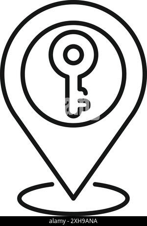 Line art icon of a location pin pointing a key indicating a secret place Stock Vector