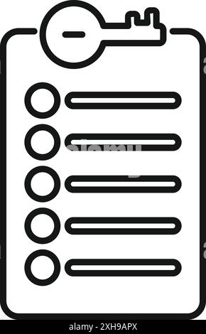 Line icon of a key unlocking a clipboard with a checklist, symbolizing the steps to success Stock Vector