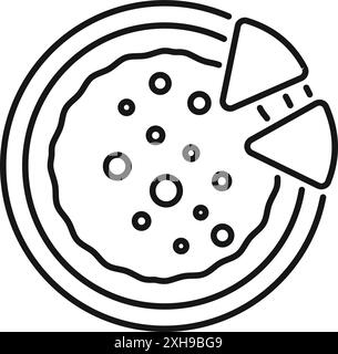 Minimalist lineart icon of a pizza with two slices being taken out from above Stock Vector