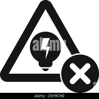 Black and white no electricity symbol depicting a light bulb containing a lightning bolt inside a triangle with an x over it Stock Vector