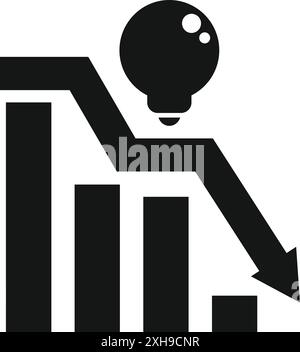 Black silhouette icon of a light bulb falling on a declining graph, representing a bad idea Stock Vector