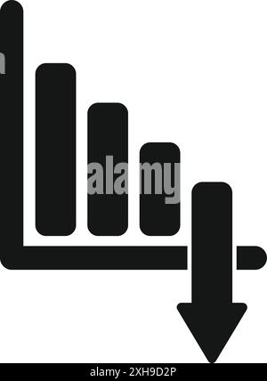 Simple icon representing a bar graph losing value, with four black bars getting smaller Stock Vector