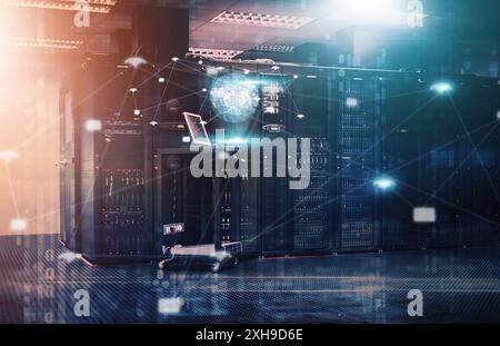 Database, double exposure and hologram of earth in server room for cybersecurity or information technology. 3D, computer and future with international Stock Photo