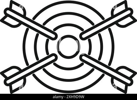Line art icon of four arrows hitting the exact center of a target, representing perfect aim and success Stock Vector