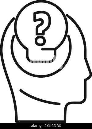 Minimalist illustration of a thinking process with a human head silhouette and a light bulb with a question mark inside Stock Vector