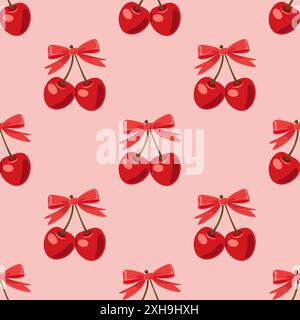 Vector Seamless Pattern with Adorable Cherry Couple and Bow on Pink Background. Cute Cherries for Valentine s Day, Love, Romance Concept Stock Vector
