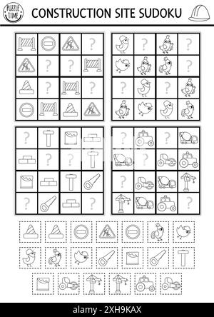 Vector black and white construction site sudoku puzzle for kids. Building works quiz with cut and glue element. Education activity or coloring page wi Stock Vector