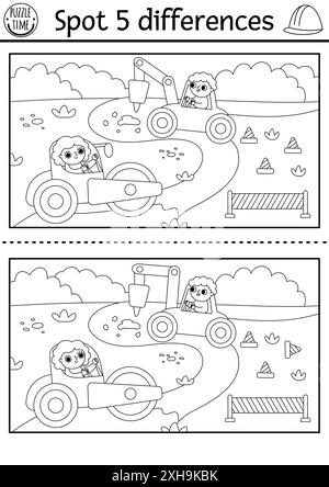 Find differences black and white game. Educational activity with workers repairing road. Puzzle for kids with builders. Printable worksheet, coloring Stock Vector