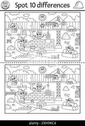 Find differences black and white game for children. Educational activity with workers. Puzzle for kids with builders. Printable worksheet, coloring pa Stock Vector