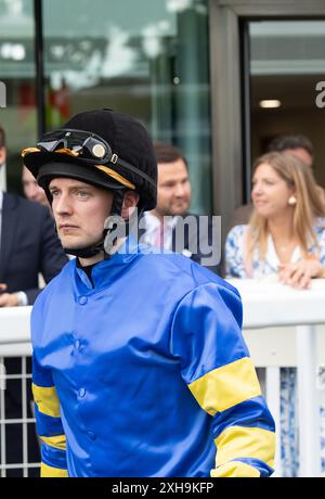 Ascot, Berkshire, UK. 12th July, 2024. Jockey Rory Musgrave in the Parade Ring before racing in the Foundation Developments Property Race Day Charity Race at Ascot Racecourse at the Summer Mile Property Raceday. Credit: Maureen McLean/Alamy Live News Stock Photo