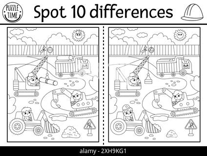 Find differences black and white game for children. Educational activity with workers repairing road. Puzzle for kids with builders. Printable workshe Stock Vector