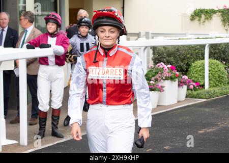 Ascot, Berkshire, UK. 12th July, 2024. Jockey Miranda Jones in the Parade Ring before racing in the Foundation Developments Property Race Day Charity Race at Ascot Racecourse at the Summer Mile Property Raceday. Credit: Maureen McLean/Alamy Live News Stock Photo