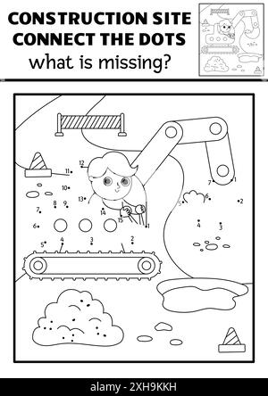 Vector black and white dot-to-dot and color activity with excavator, construction site scene. Building works connect the dots game, coloring page with Stock Vector