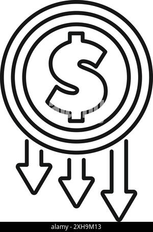 Line art icon of a dollar coin with three arrows pointing down, representing a decrease in value Stock Vector