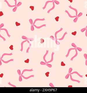 Trendy seamless pattern with ribbon bows and red hearts. Stock Vector