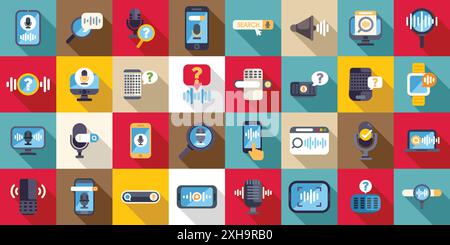 Voice search icons set. Voice control interface using sound recognition technology to communicate with devices Stock Vector