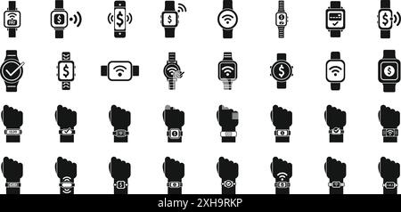 Payment with smart watches icons set. People using smart watches for nfc contactless payment icons set simple style Stock Vector