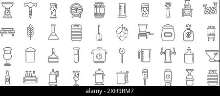 Home brewing icons set. Line icons showing the brewing process for beer, ale, lager, and other craft beverages Stock Vector