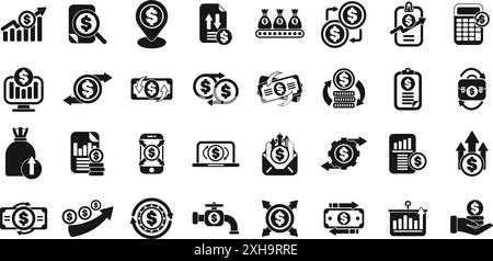 Cash Flow icons set. This icon set represents the concept of money flow, encompassing various aspects of financial transactions Stock Vector