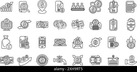 Cash Flow icons set. Money turnover line icons showing different aspects of financial transactions, currency exchange and recurring payment Stock Vector