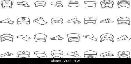 Visor cap icons set. Large set of visor hats showing many different styles for athletes and sports fans Stock Vector