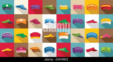 Visor cap icons set. Large set of various hats showing professions and styles for men and women, isolated on colored background Stock Vector