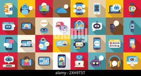 Virtual assistant services icons set. Icons set of chatbot communicating with customers using mobile devices and computers Stock Vector