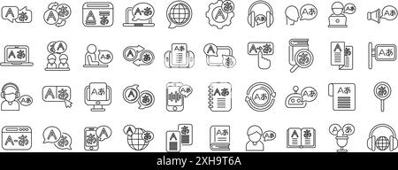 Language translation services icons set. Diverse set of icons representing language learning, featuring translation, interpretation, and language exchange concepts Stock Vector