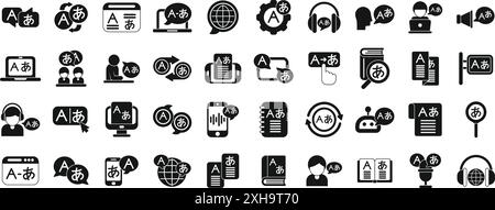 Language translation services icons set. Language learning concept icons set in simple style. Different ways to learn a language black icons in set collection Stock Vector