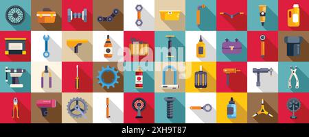 Bicycle repair and maintenance shop icons set. Large set of bicycle repair service tools and equipment icons in flat style with long shadow Stock Vector