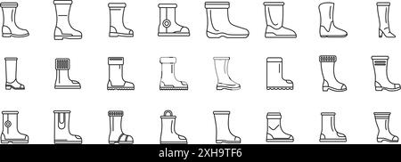 Boots icons set. Large set of waterproof boots icons showing different styles and protection levels for various uses Stock Vector
