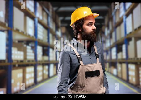 Packaging employee verifying merchandise stock on industrial racks, handling distribution of products and materials. Warehouse advisor doing quality control on packs, inventory management. Stock Photo