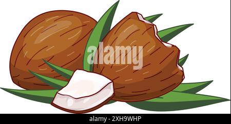 Two whole coconuts with green palm leaves are laying on a white surface, one has a bite taken out of it Stock Vector
